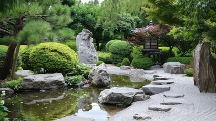 Wall Mural - Serene Zen Garden: Tranquil water reflects sculpted stone and lush greenery, creating a peaceful atmosphere.