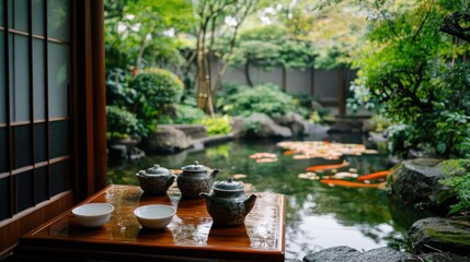 Wall Mural - Serene tea ceremony by a koi pond. Tranquil garden, ancient tea set, peaceful moment.  Find inner calm.