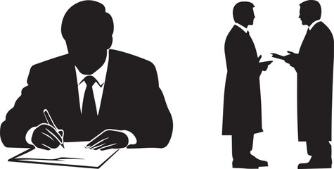 Silhouette of Lawyer taking notes during a trial. Silhouette of Lawyer talking to a witness vector silhouette