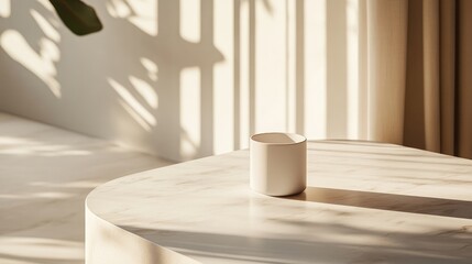 Poster - minimalist white cup on round marble table in soft morning light