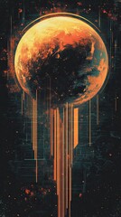 Poster - Orange Planet Digital Glitch Art Cosmic Scene