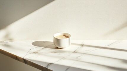 Poster - minimalist coffee cup on white marble surface with soft shadows