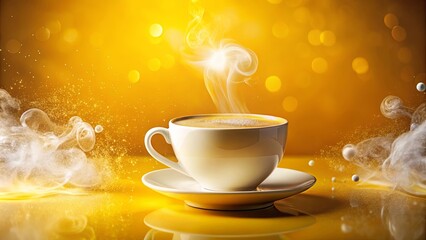 Wall Mural - A steaming cup of coffee amidst a magical golden glow, with swirling vapor and scattered orbs creating an ethereal ambiance