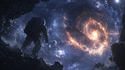 Poster - An astronaut gazes at a swirling galaxy, capturing the wonder of space exploration.