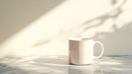 Poster - Minimalist White Coffee Mug on Marble Surface with Soft Shadows