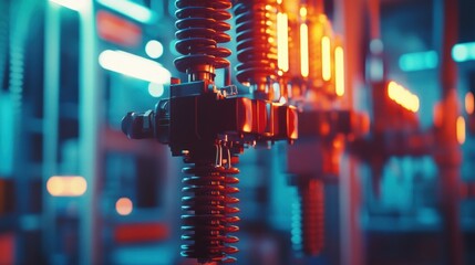 Aufkleber - Close-up of industrial equipment with glowing lights and springs, emphasizing technology and machinery.