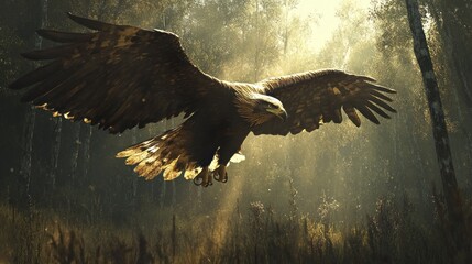 Canvas Print - Golden Eagle Soaring Through a Sunlit Forest