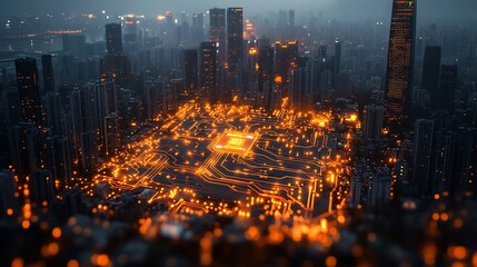 Poster - City at night transformed into a glowing circuit board.