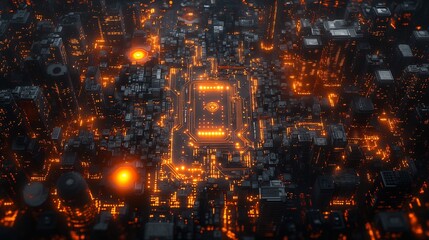 Poster - City as a CPU, orange glow, isometric view.