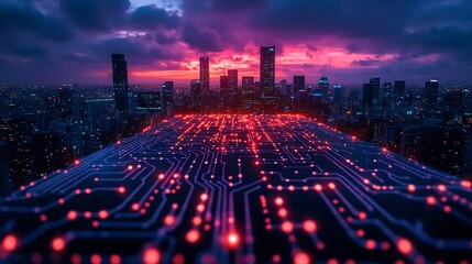 Poster - Cityscape at sunset over a futuristic circuit board.