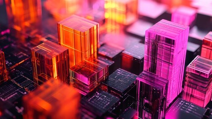 Poster - Abstract digital cityscape with glowing geometric shapes in vibrant colors.