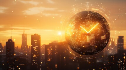 Poster - A futuristic cityscape at sunset with a glowing clock overlay.