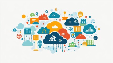 Fototapete - A colorful illustration depicting various cloud computing and technology concepts.