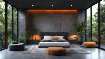 Aufkleber - Modern bedroom with large windows, plants, and minimalist design for relaxation.