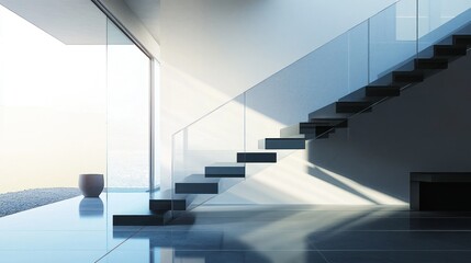 Aufkleber - Modern interior featuring a sleek staircase and large glass windows with natural light.
