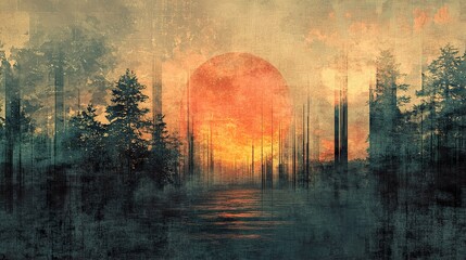 Wall Mural - Sunset Landscape: Forest and Golden Sky