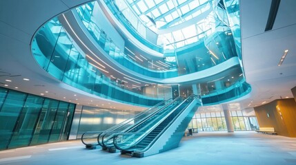 Aufkleber - Modern interior featuring escalators and glass architecture in a bright atrium.