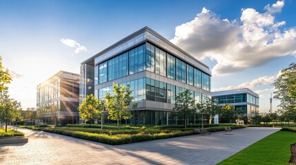 Aufkleber - Modern office buildings surrounded by greenery under a bright sky.