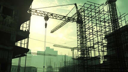 Aufkleber - Silhouetted construction site with cranes and scaffolding against a hazy sky.