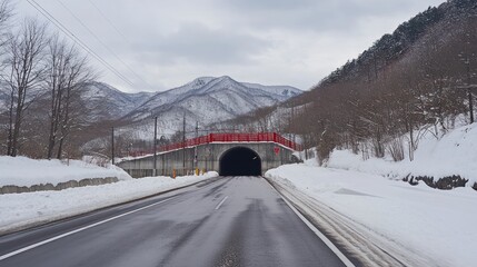 Poster - Snowy road leading into a tunnel with mountains in the background.