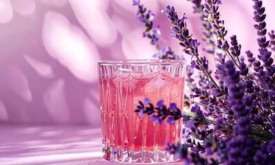 Wall Mural - Refreshing pink drink with lavender flowers beside it, set against soft pastel background