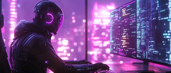 Poster - A cyberpunk robot in a sleek suit working at a computer desk