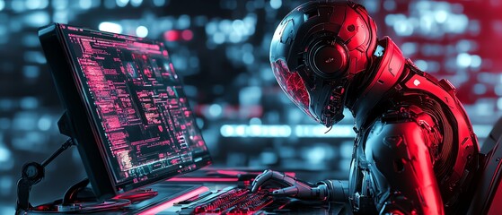 Poster - A cyberpunk robot in a sleek suit working at a computer desk