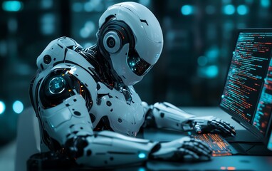 Poster - A cyberpunk robot with a futuristic suit working diligently at a computer