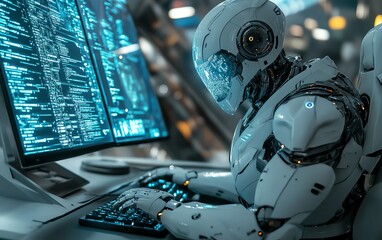 Poster - A cyberpunk robot with a futuristic suit working diligently at a computer
