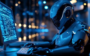 Poster - A humanoid cyberpunk robot in a suit
