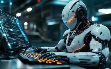 Poster - A humanoid cyberpunk robot in a suit