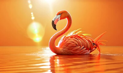 Wall Mural - pink flamingo on calm water, glowing against orange sunset backdrop