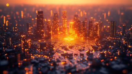 Poster - Futuristic city built on a microchip at sunset.
