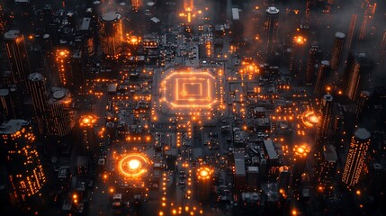 Poster - Futuristic city built on circuit board with glowing lights.