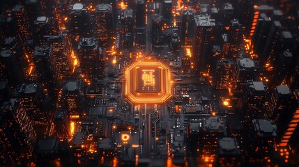 Poster - Futuristic city glowing at night built on a microchip.