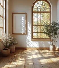 Minimalist Black Wooden Picture Frame Mockup with Natural Light on Floor in Scandinavian Design