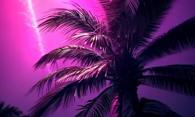 Wall Mural - neon-lit palm trees with vibrant purple and pink hues at sunset