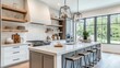 © WITTAYA  ANGMUJCHA - A chic modern kitchen with white and gray tones, featuring a clean design with open shelving, built-in appliances, and a large island perfect for cooking and socializing.