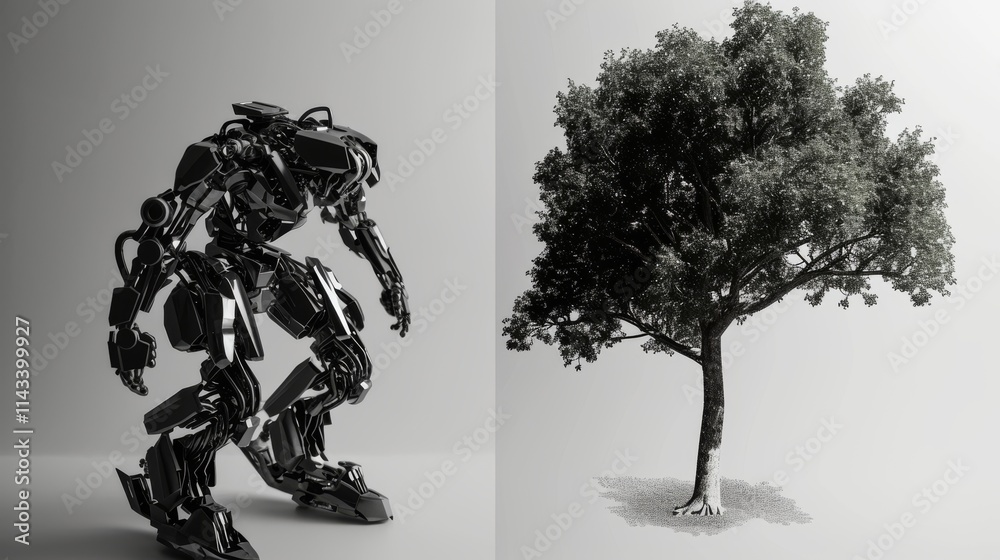 A striking black robotic figure posed next to a detailed tree ...