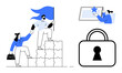 © robu_s - Business professionals climbing puzzle-piece stairs to success with flag, person holding awarded certificate, and large padlock. Ideal for teamwork, leadership, achievement, business goals, security © robu_s - Business professionals climbing puzzle-piece stairs to success with flag, person holding awarded certificate, and large padlock. Ideal for teamwork, leadership, achievement, business goals, security
