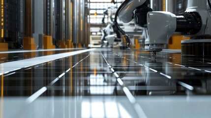 Poster - A close-up of a floor tile production line in action, with robotic arms handling tiles, showcasing the precision and speed of modern manufacturing.