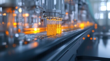 Poster - A close-up of a glass production line where molten glass is being shaped and molded by automated machines, with a clean, well-lit factory backdrop.