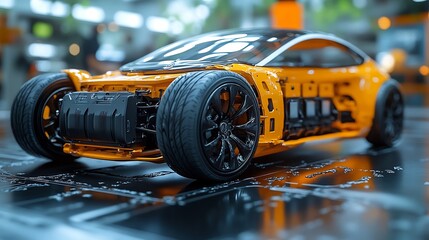 Poster - Futuristic orange car chassis, exposed internal mechanics, displayed on a modern, reflective surface in a brightly lit industrial setting.
