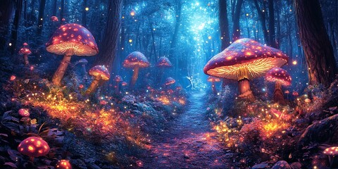 Aufkleber - A magical forest path illuminated by glowing mushrooms and ethereal lights.