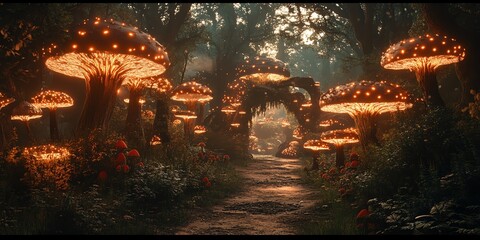 Poster - Enchanted forest pathway illuminated by glowing mushrooms amidst lush greenery.