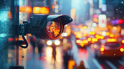 A close-up of a camera equipped with advanced computer vision software, capturing vibrant images of a busy city street, showcasing the blend of technology and urban life.