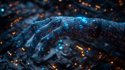 Poster - Futuristic robotic hand with glowing circuits on a complex machine.