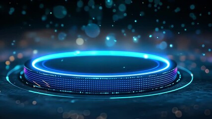 Poster - futuristic empty podium glowing in digital world with falling particles showcasing innovative techno