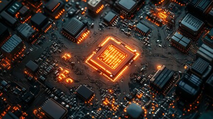 Poster - Glowing CPU on a computer motherboard.