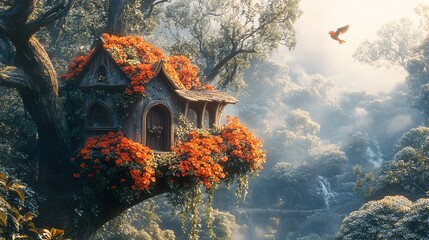 Canvas Print - Enchanted Treehouse in a Misty Forest